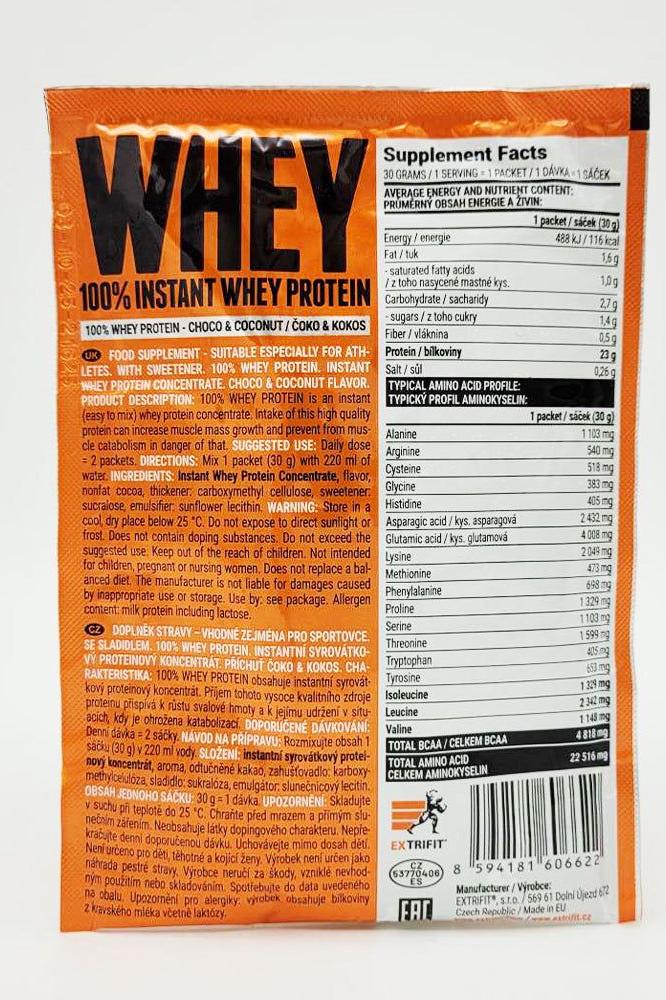 Extrifit 100% Instant Whey Protein packaging showing nutritional information and ingredients in Swedish.