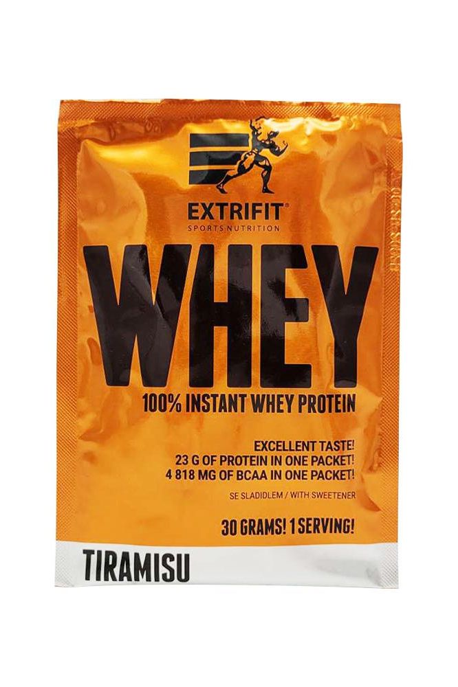 Extrifit 100% Instant Whey Protein in Tiramisu flavor, featuring 23g protein and 4818mg BCAA per serving.