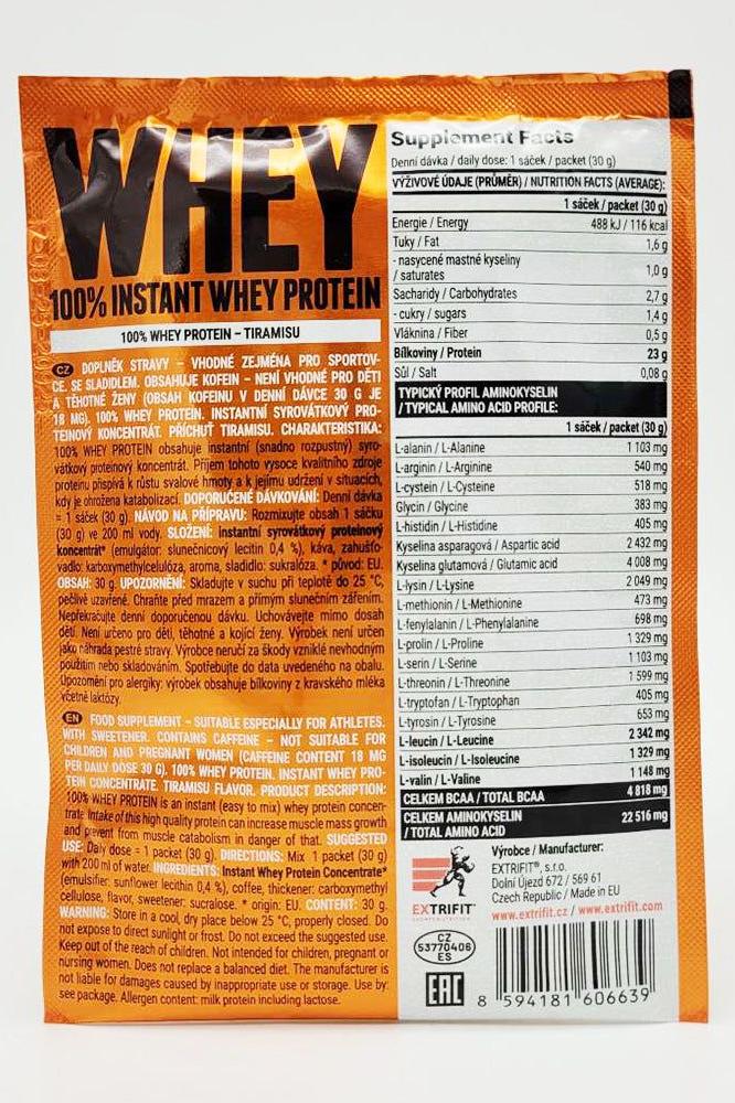 Extrifit 100% Instant Whey Protein packaging, showcasing nutritional info and benefits of high-quality whey protein.