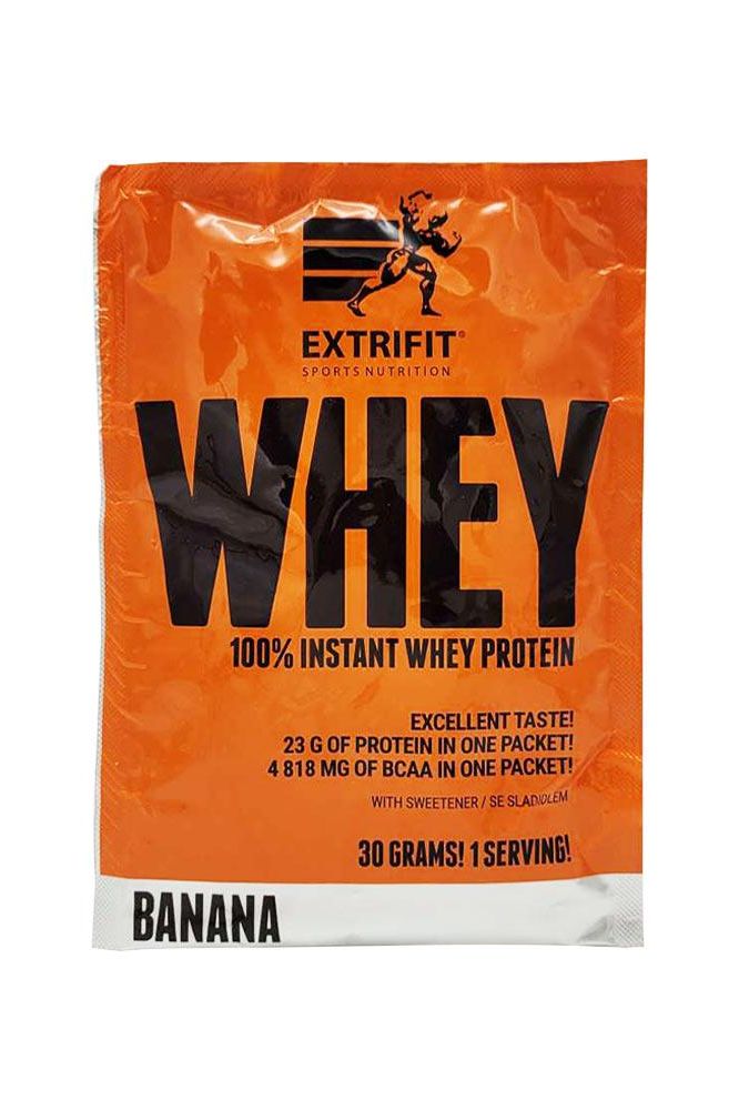 Extrifit 100% Instant Whey Protein powder packaging in Banana flavor with nutrition details.