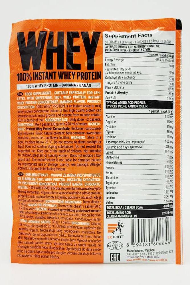 Extrifit 100% Instant Whey Protein packaging showcasing nutritional facts and banana flavor.
