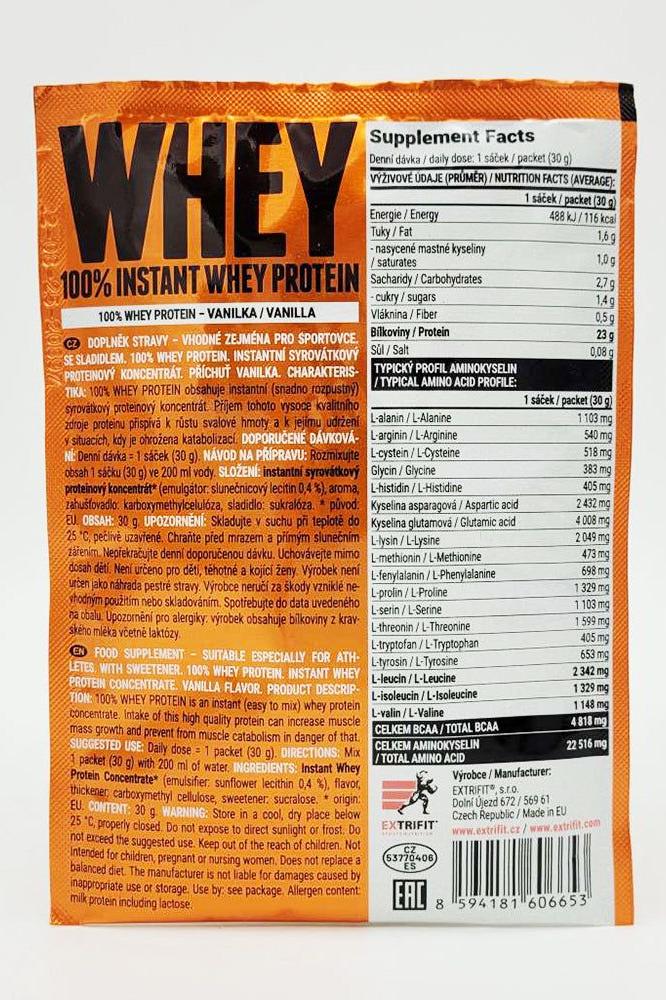 Extrifit 100% Instant Whey Protein packaging, featuring supplement facts and nutrition information.