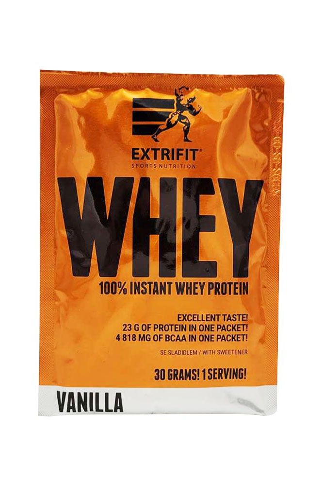 Extrifit 100% Instant Whey Protein vanilla packet with 23g protein and 4818mg BCAA per serving.