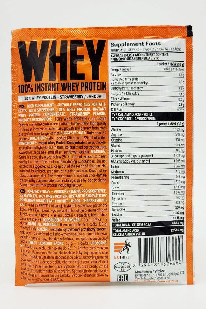 Back of Extrifit 100% Instant Whey Protein packet with nutritional information and benefits listed.
