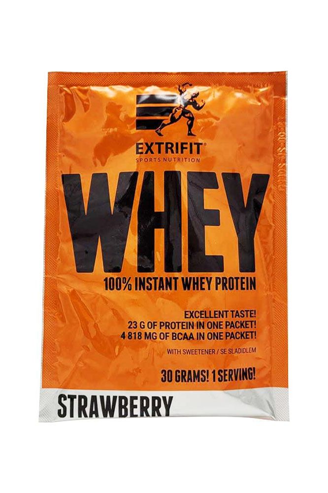 Extrifit 100% Instant Whey Protein packet in strawberry flavor featuring protein and BCAA details.