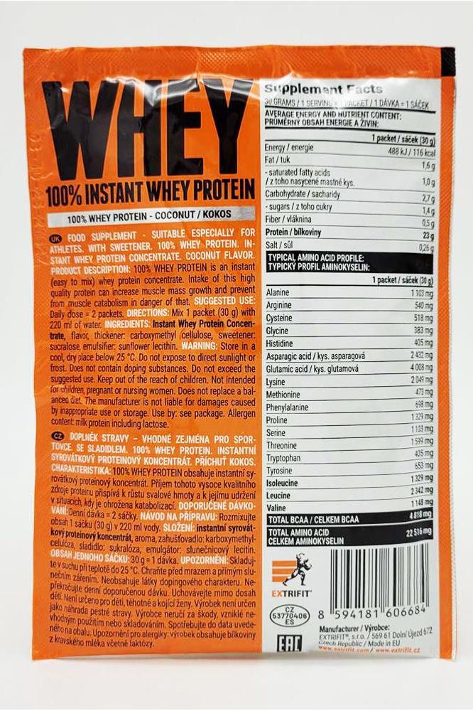 Extrifit 100% Instant Whey Protein packaging with supplement facts, coconut flavor, and nutritional information.