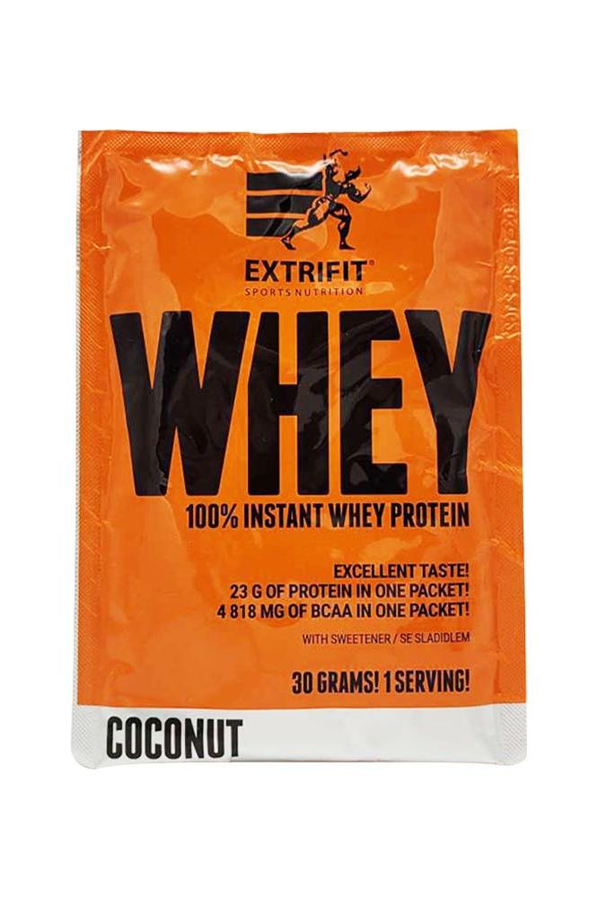 Extrifit 100% Instant Whey Protein packet in coconut flavor, providing 23g protein and 4818mg BCAA per serving.