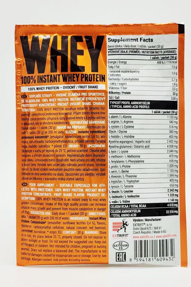 Extrifit 100% Instant Whey Protein packaging with supplement facts and nutritional information.