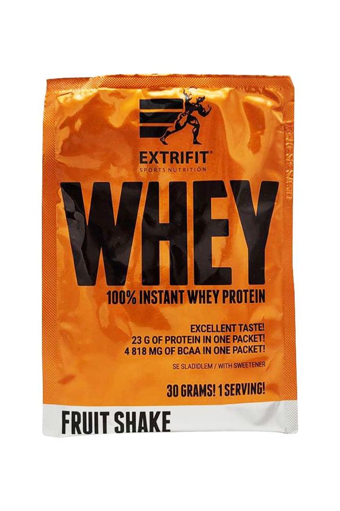 Extrifit 100% Instant Whey Protein packet featuring fruit shake flavor, 23g protein, and 4818mg BCAA.