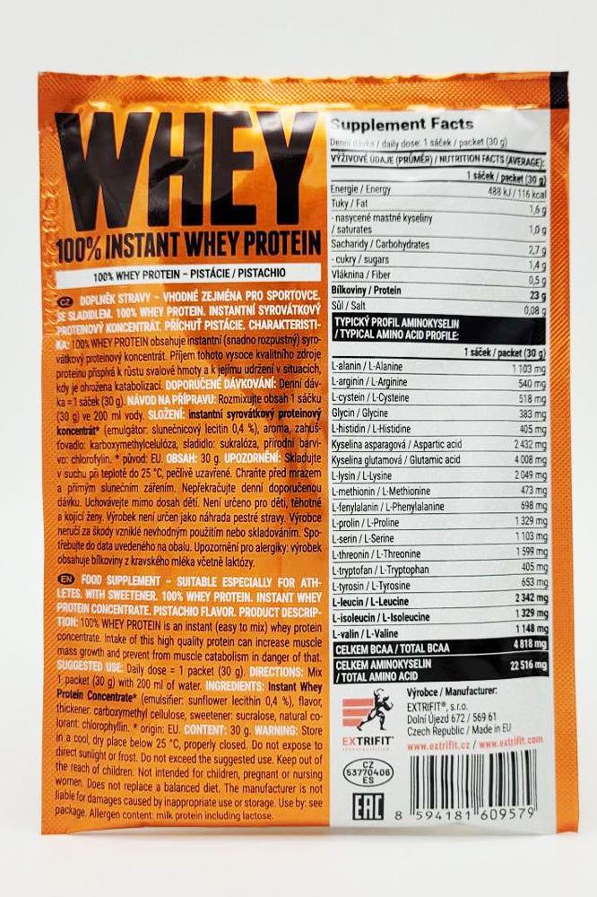 Extrifit 100% Instant Whey Protein packaging with nutritional facts and ingredient details