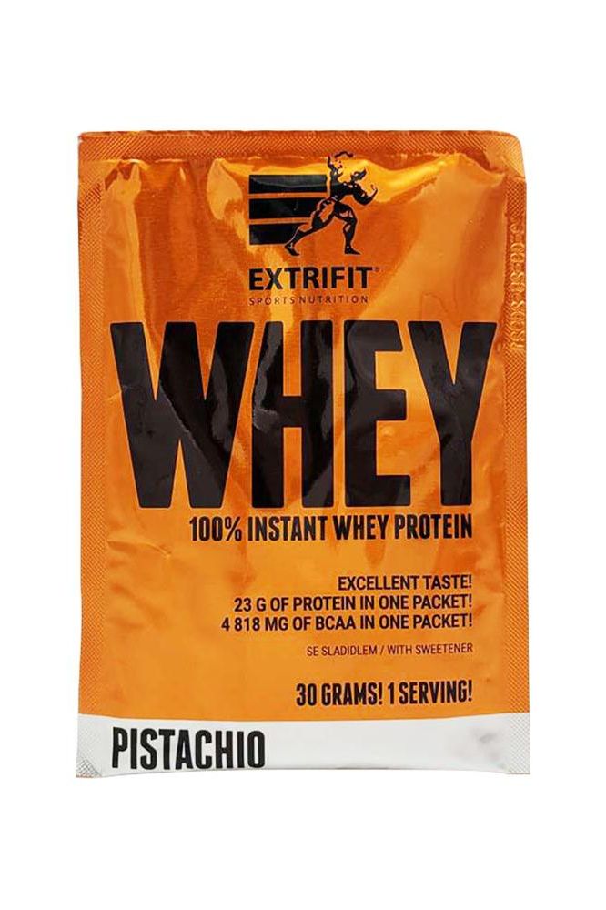 Extrifit 100% Instant Whey Protein Pistachio flavor packet showcasing 23g protein and BCAA benefits.