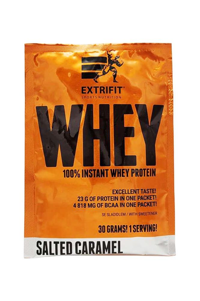 Extrifit 100% Instant Whey Protein Salted Caramel flavor, 23g protein and 4818mg BCAA per serving, excellent taste.