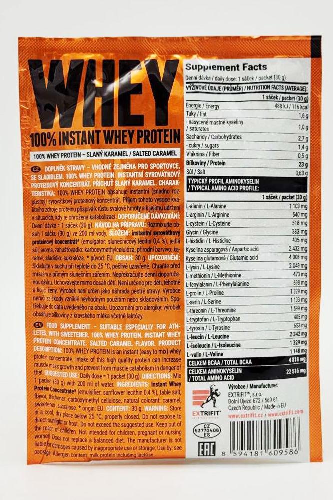 Extrifit 100% Instant Whey Protein package with nutritional information and salted caramel flavor details