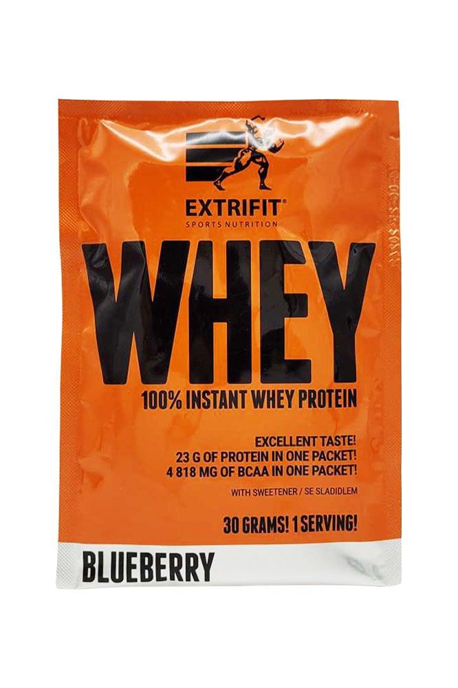 Extrifit 100% Instant Whey Protein packet with blueberry flavor. 23g protein and 4818mg BCAA per serving.