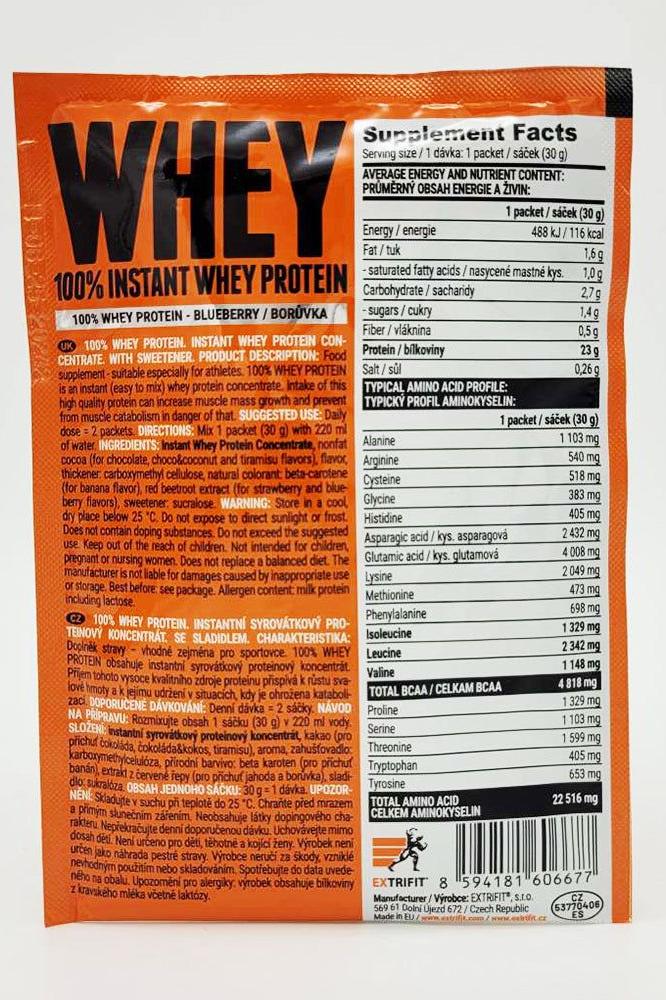 Extrifit 100% Instant Whey Protein packaging with supplement facts and nutritional information.