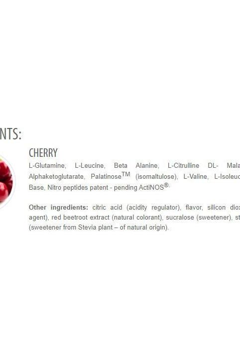 Ingredients list for Extrifit Actinox Nitro Peptides featuring Cherry flavor and key amino acids.