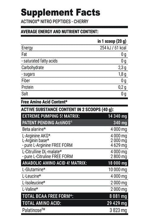 Supplement facts for Extrifit Actinox Nitro Peptides Cherry flavor, detailing nutrients and amino acids per serving.