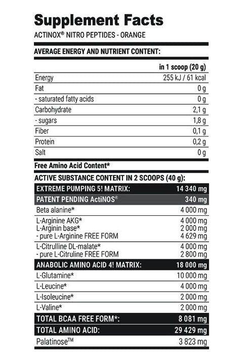 Supplement facts for Extrifit Actinox Nitro Peptides, detailing nutritional content and amino acids per serving.