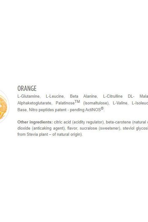 Ingredients list for Extrifit Actinox Nitro Peptides in Orange flavor, highlighting key amino acids and additives.