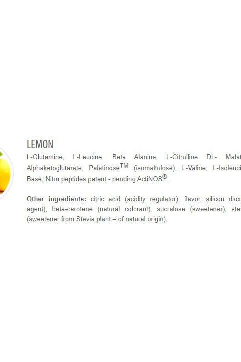 Image of lemon and ingredient list for Actinox with amino acids and sweeteners for muscle growth.