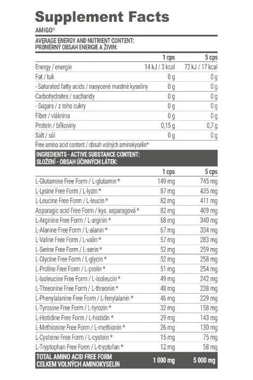 Supplement facts for Extrifit Amigo muscle protein, detailing ingredients and nutritional content.