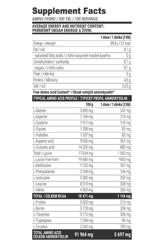 Supplement facts for Extrifit Amino Hydro 4000, detailing amino acid profile and nutritional content.
