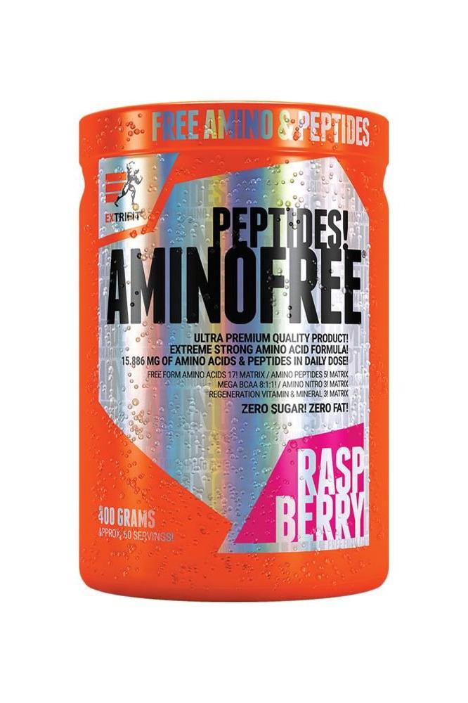 Extrifit AminoFree Peptides supplement container in raspberry flavor, 400 grams, zero sugar and fat, high-quality amino acids.