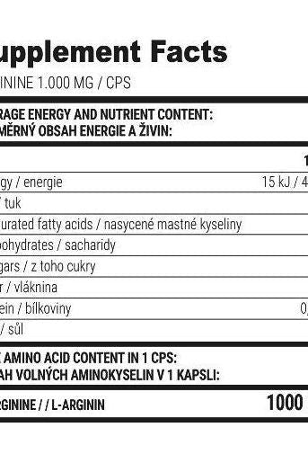 Supplement facts for Extrifit Arginine 1000 mg, detailing nutrient content and amino acid levels.