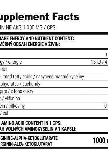 Supplement facts panel for Extrifit Arginine AKG 1000 mg showing nutrition details per capsule.
