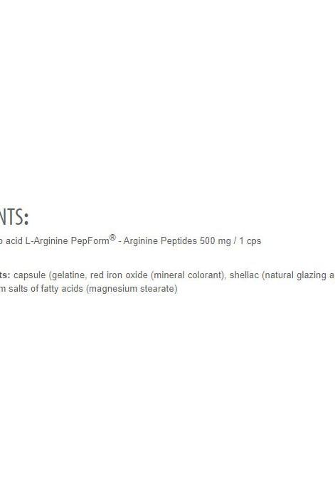 Ingredients list for Extrifit Arginine Peptides 500 mg capsules including L-Arginine and capsule components.