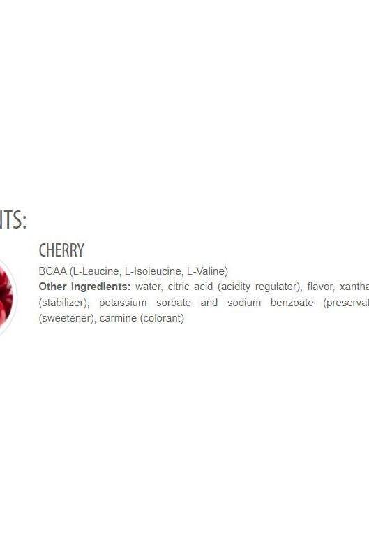 Cherry flavor ingredients for BCAA supplement including L-Leucine, L-Isoleucine, and L-Valine.