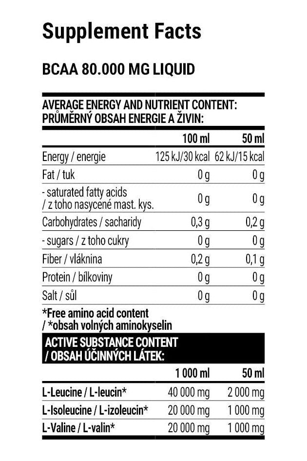 Supplement facts for Extrifit BCAA 80000 mg Liquid showing amino acid content and nutritional information.