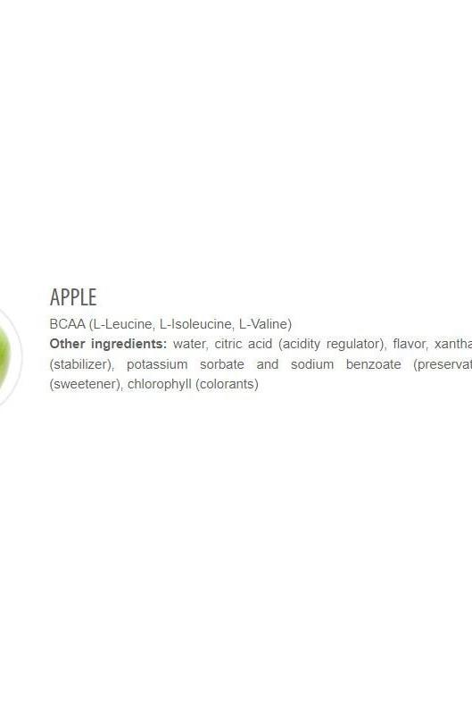 Ingredient list for Extrifit BCAA 80000 mg Liquid Apple flavor, including essential amino acids and additives.