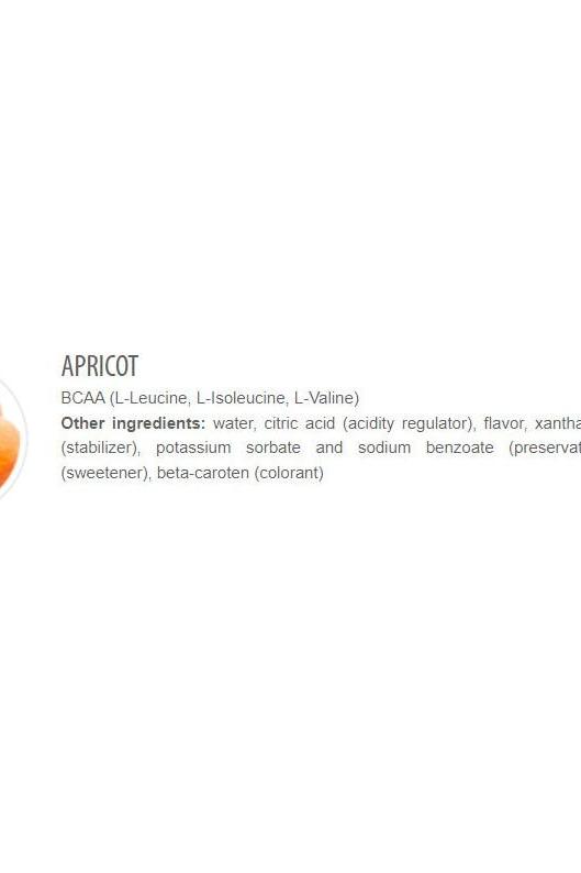Ingredients list for Extrifit BCAA liquid in apricot flavor, featuring essential amino acids and additives.