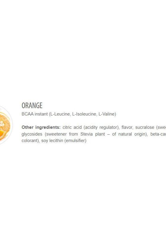 Orange BCAA Instant flavor with essential amino acids L-Leucine, L-Isoleucine, and L-Valine ingredients list.