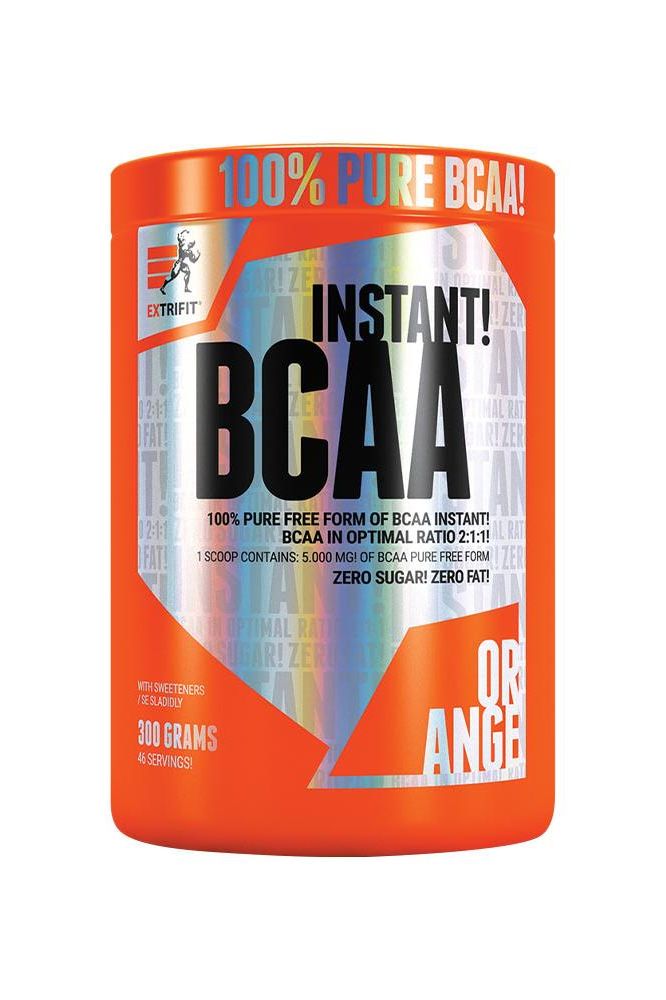 Extrifit BCAA Instant supplement canister, 100% pure BCAA, zero sugar, zero fat, orange flavor, 300 grams.