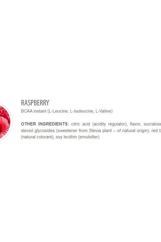 Ingredients list for Extrifit BCAA Instant Raspberry flavor including L-Leucine, L-Isoleucine, and L-Valine.