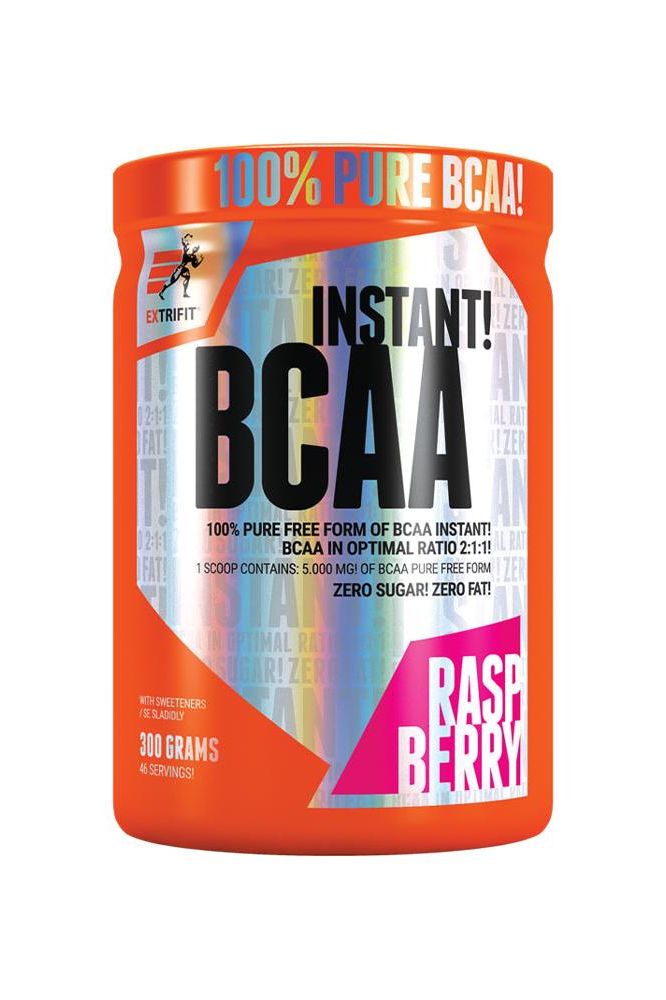 Extrifit BCAA Instant with raspberry flavor in vibrant orange container, offering 100% pure BCAA without sugar or fat.