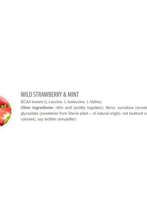 Product image of Extrifit BCAA Instant flavor Wild Strawberry & Mint, featuring ingredients list.