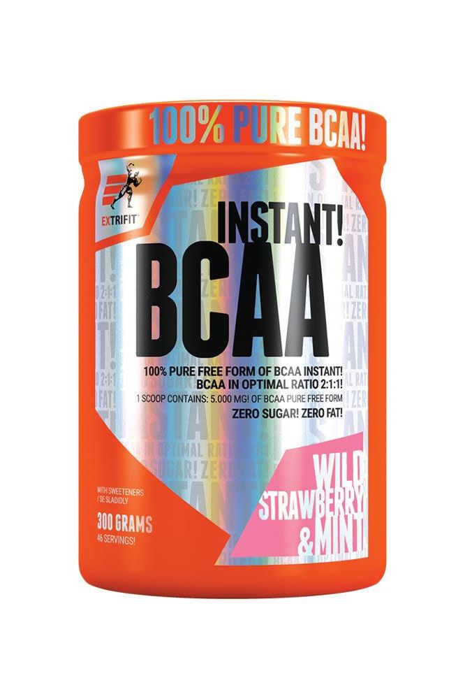 Extrifit BCAA Instant supplement container with wild strawberry and mint flavor, 100% pure BCAAs, zero sugar, zero fat.