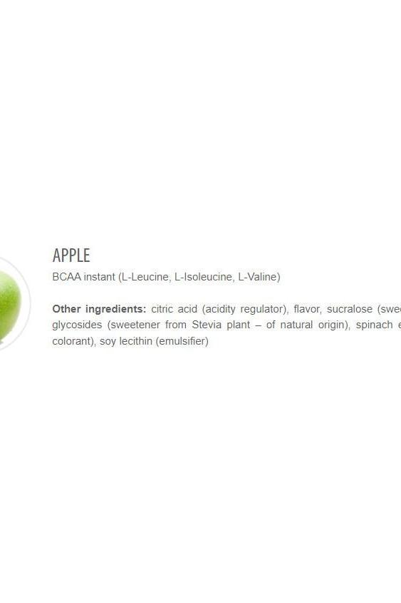 Apple flavored BCAA Instant with L-Leucine, L-Isoleucine, and L-Valine, featuring natural ingredients and sweeteners.
