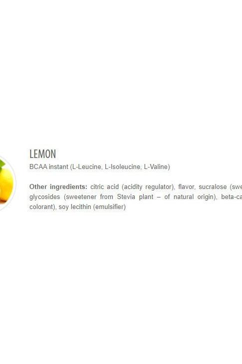 Lemon flavor BCAA Instant with L-Leucine, L-Isoleucine, and L-Valine, featuring natural sweeteners and emulsifiers.