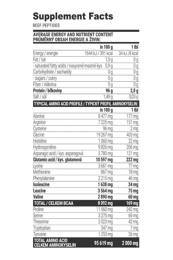 Supplement facts panel for Extrifit Beef Peptides, showing nutritional content and amino acid profile.