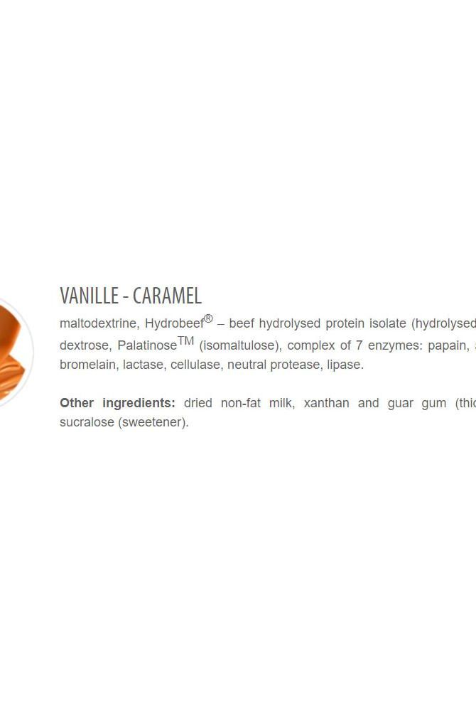 Ingredients list for Extrifit Beefmass Vanille-Caramel flavor including maltodextrin and Hydrobeer®.