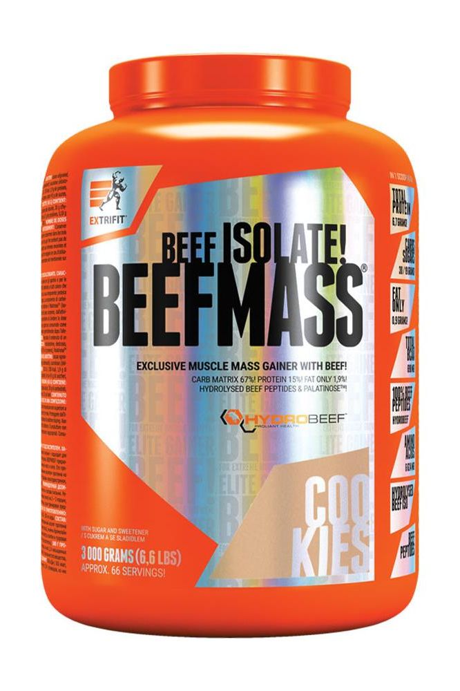 Extrifit Beefmass protein powder for muscle gain, 3000 grams, cookie flavor, with slow and fast carbs.