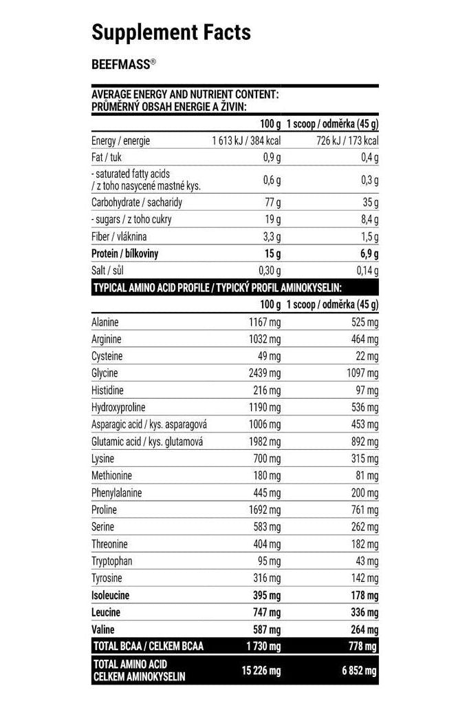 Nutritional information for Extrifit Beefmass supplement, highlighting energy and nutrient content per serving.
