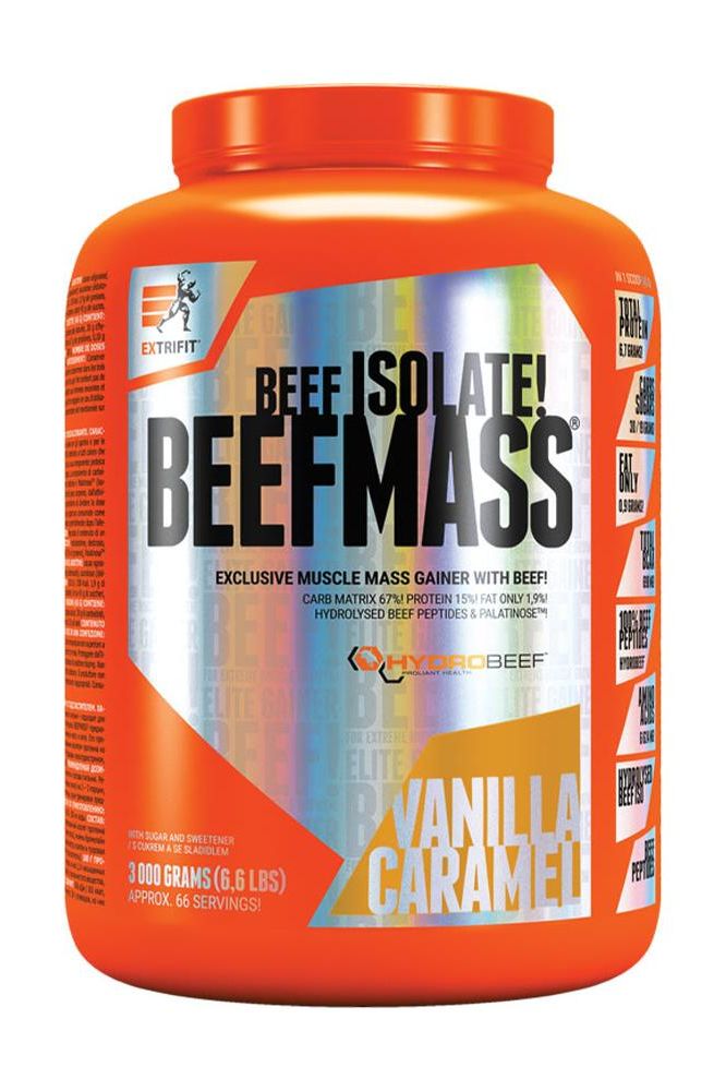 Extrifit Beefmass protein powder in vanilla caramel flavor, muscle mass gainer with collagen peptides.
