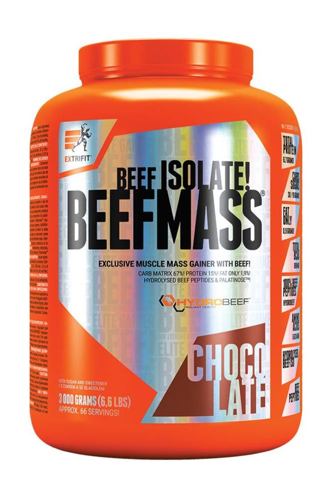 Extrifit BeefMass chocolate protein powder for muscle gain, featuring a blend of carbohydrates and beef protein.