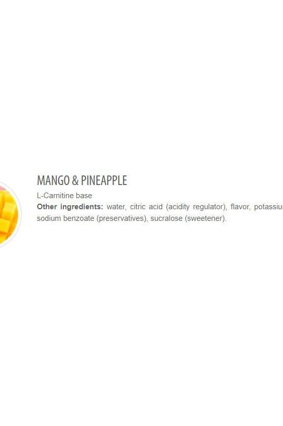 Mango and pineapple flavored L-Carnitine base with ingredients listed, promoting energy and fat metabolism.