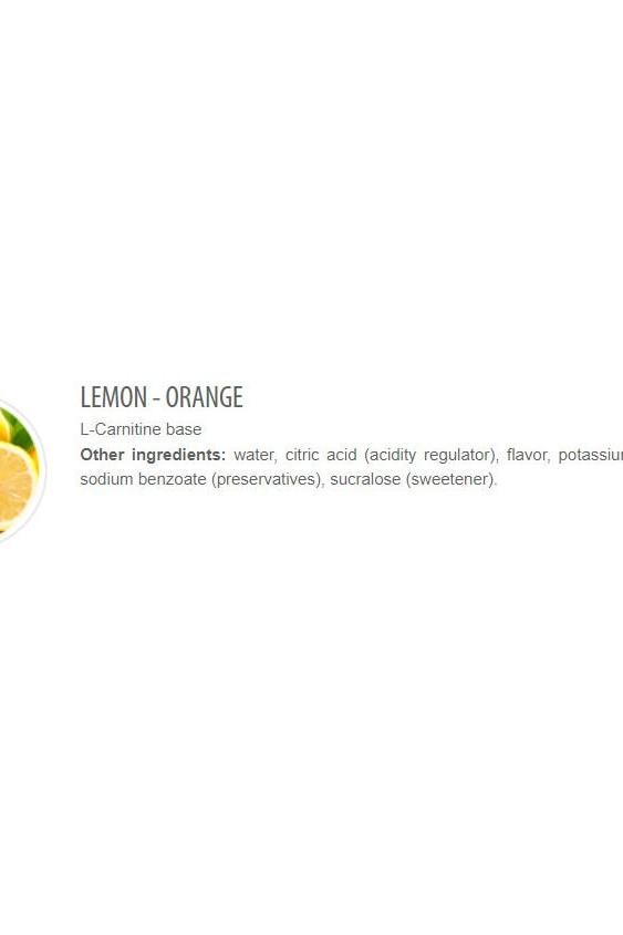 Lemon-orange flavored L-Carnitine base with ingredient list including water and sweeteners.